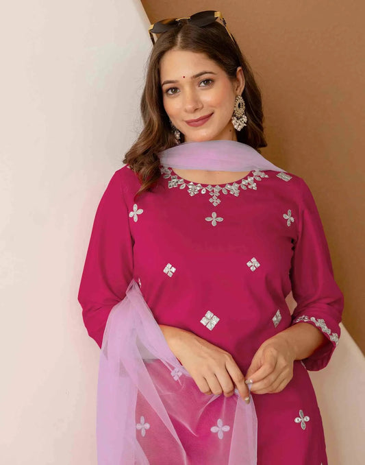 Chinnon Embroidered Straight Round Neck Kurta with Pant & Dupatta