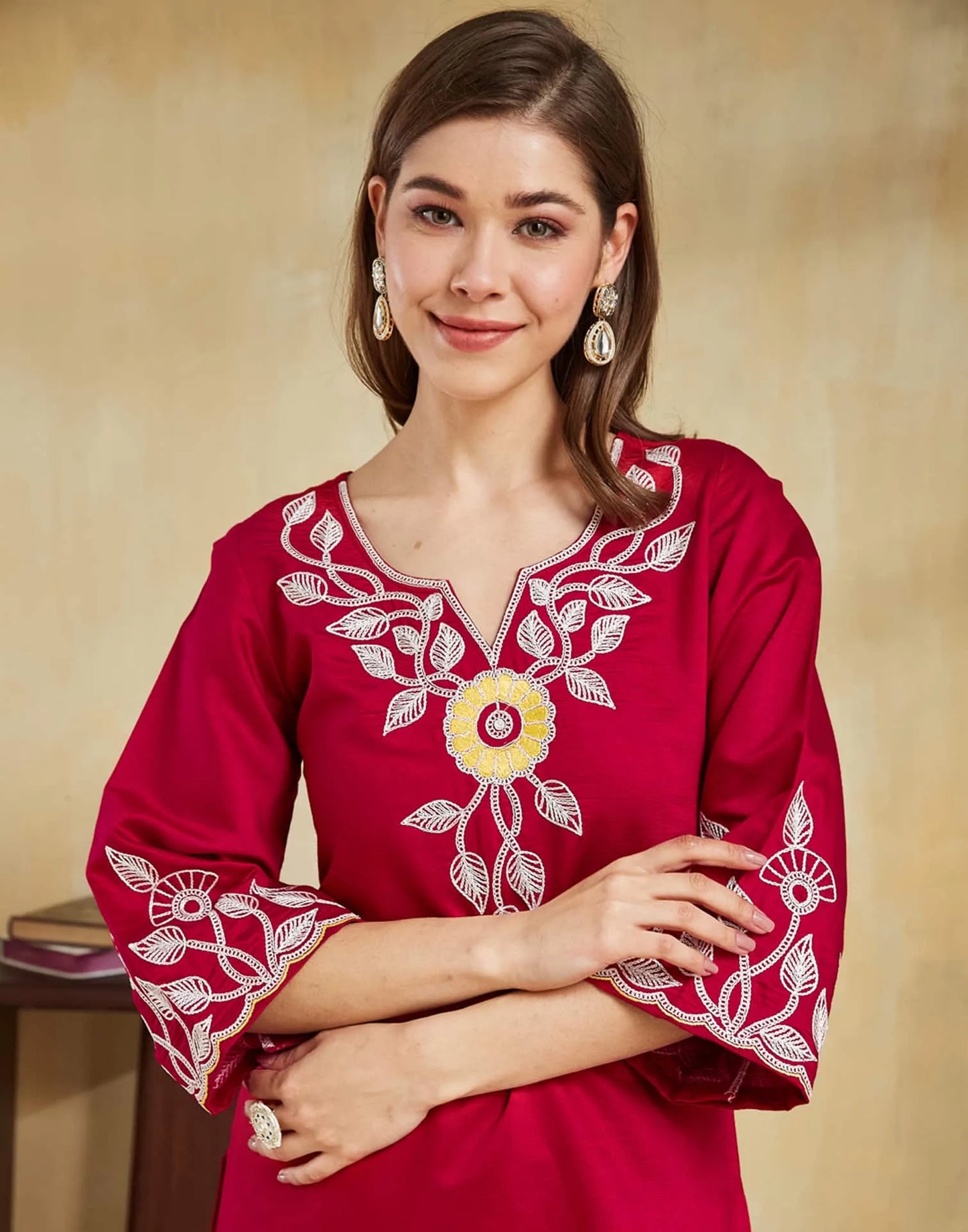 Cotton Blend Embroidery Straight Kurta with Pant & Dupatta