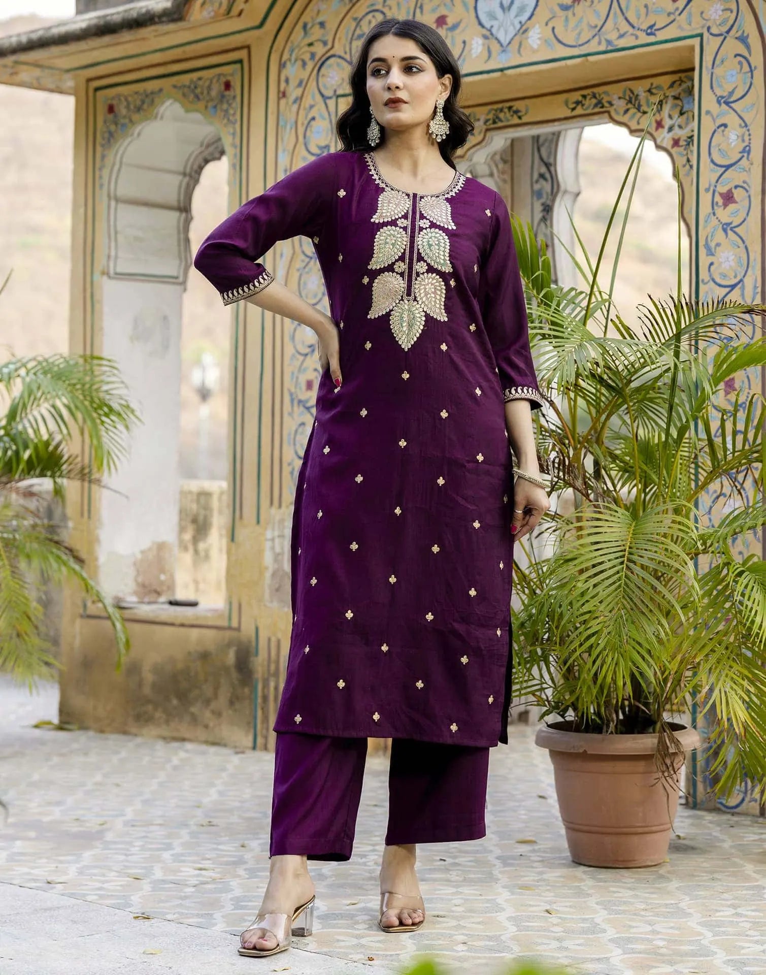 Affordable Wine silk heavy embroidered kurta set with dupatta
