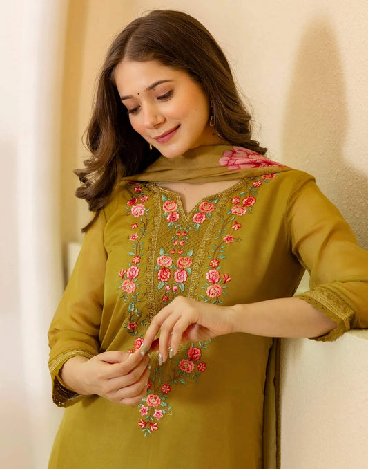 Green Silk Blend Embroidered Straight Kurta Set for Women with Pant and Dupatta