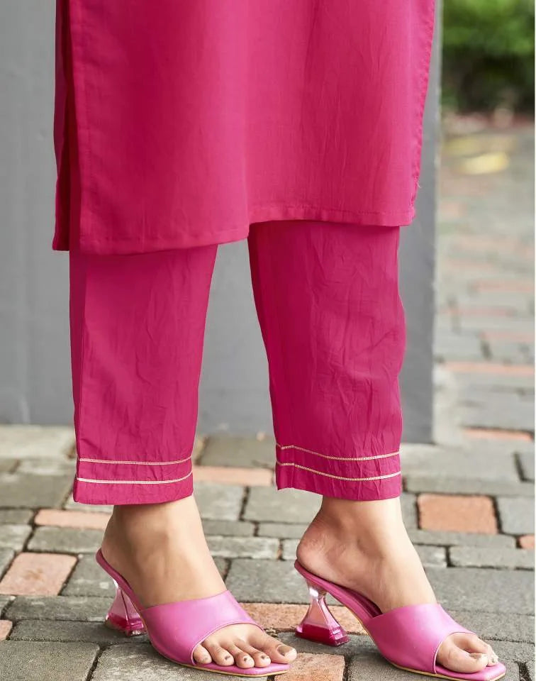 Affordable Dark Pink V Neck Kurta set with dupatta 