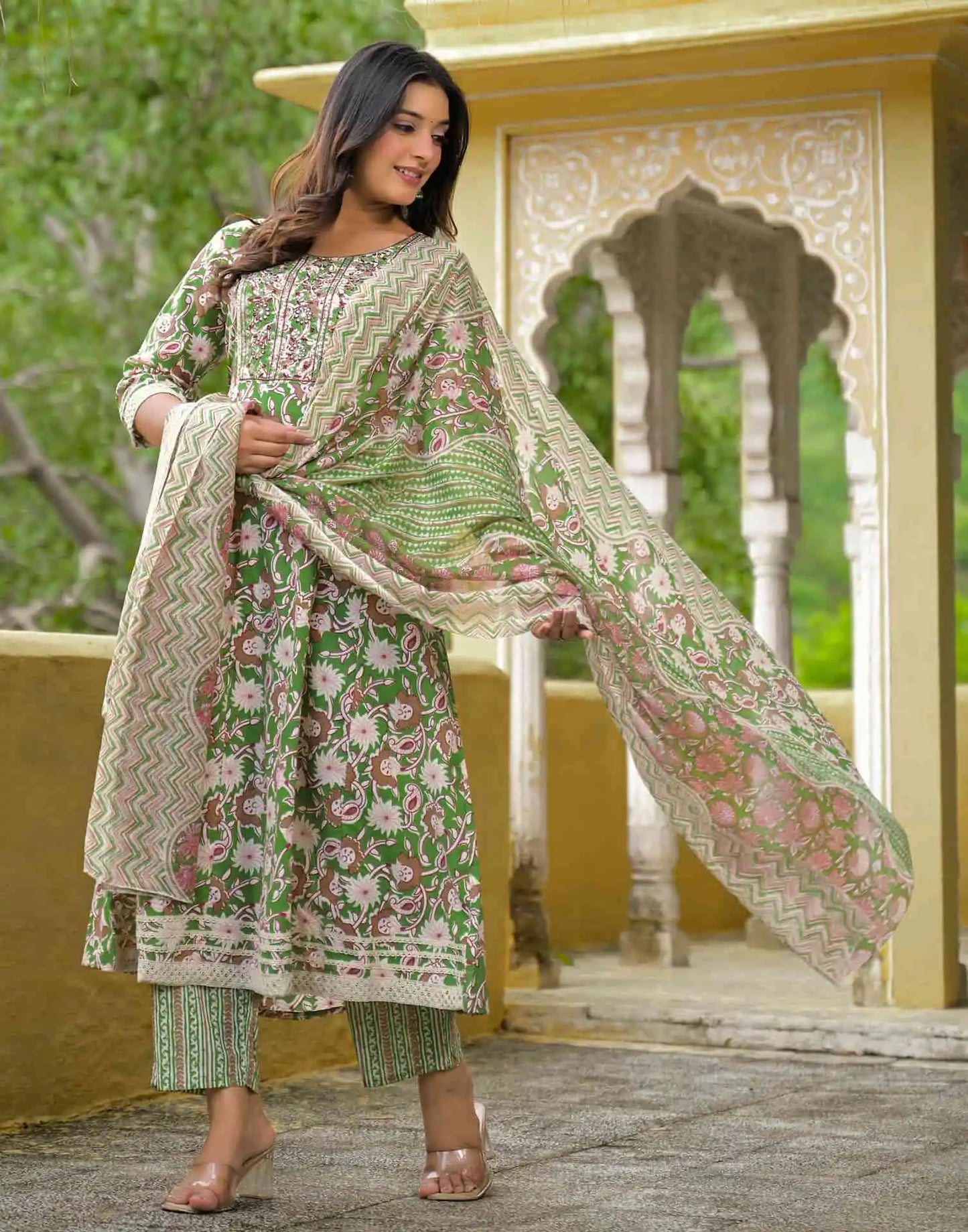 Cotton Anarkali Printed Round Neck Kurta with Pant & Dupatta