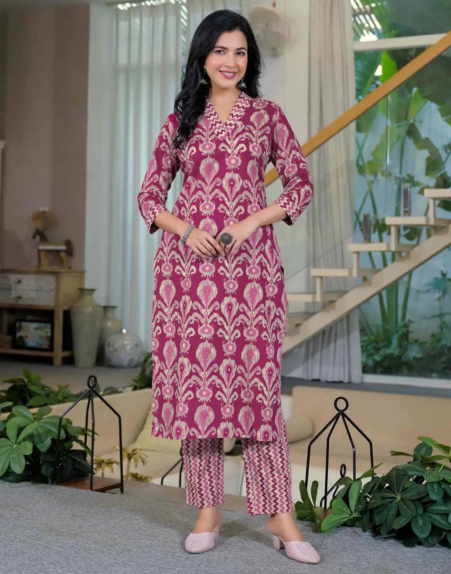 Cotton Printed Straight V-Neck Kurta with Pant & Dupatta