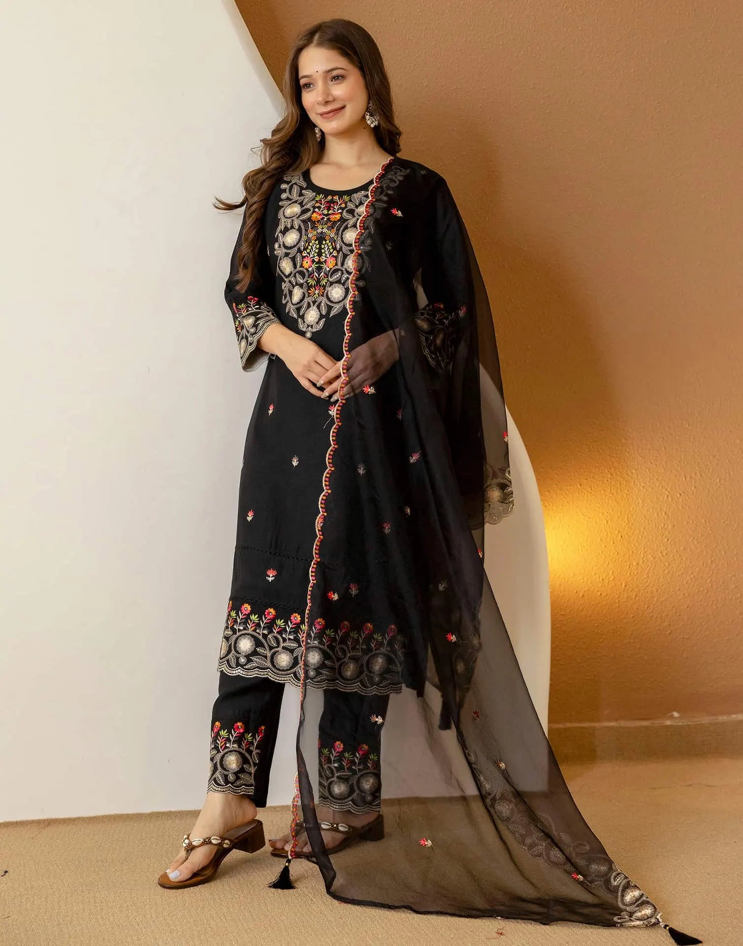 Black Silk Embroidered Straight Kurta Set with Pant & Dupatta under 1299 