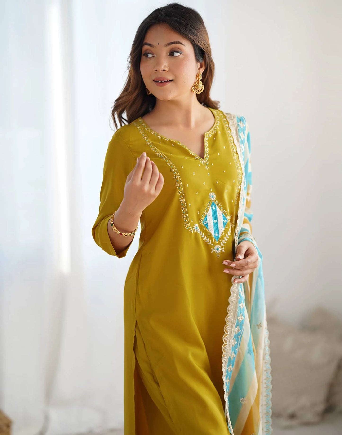 Silk Embroidery and Sequin Work Straight Kurta with Pant & Dupatta