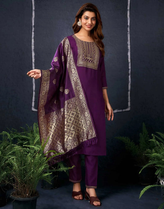 Cotton Blend Sequence, Embroidery and Lace Straight Kurta with Pant & Dupatta