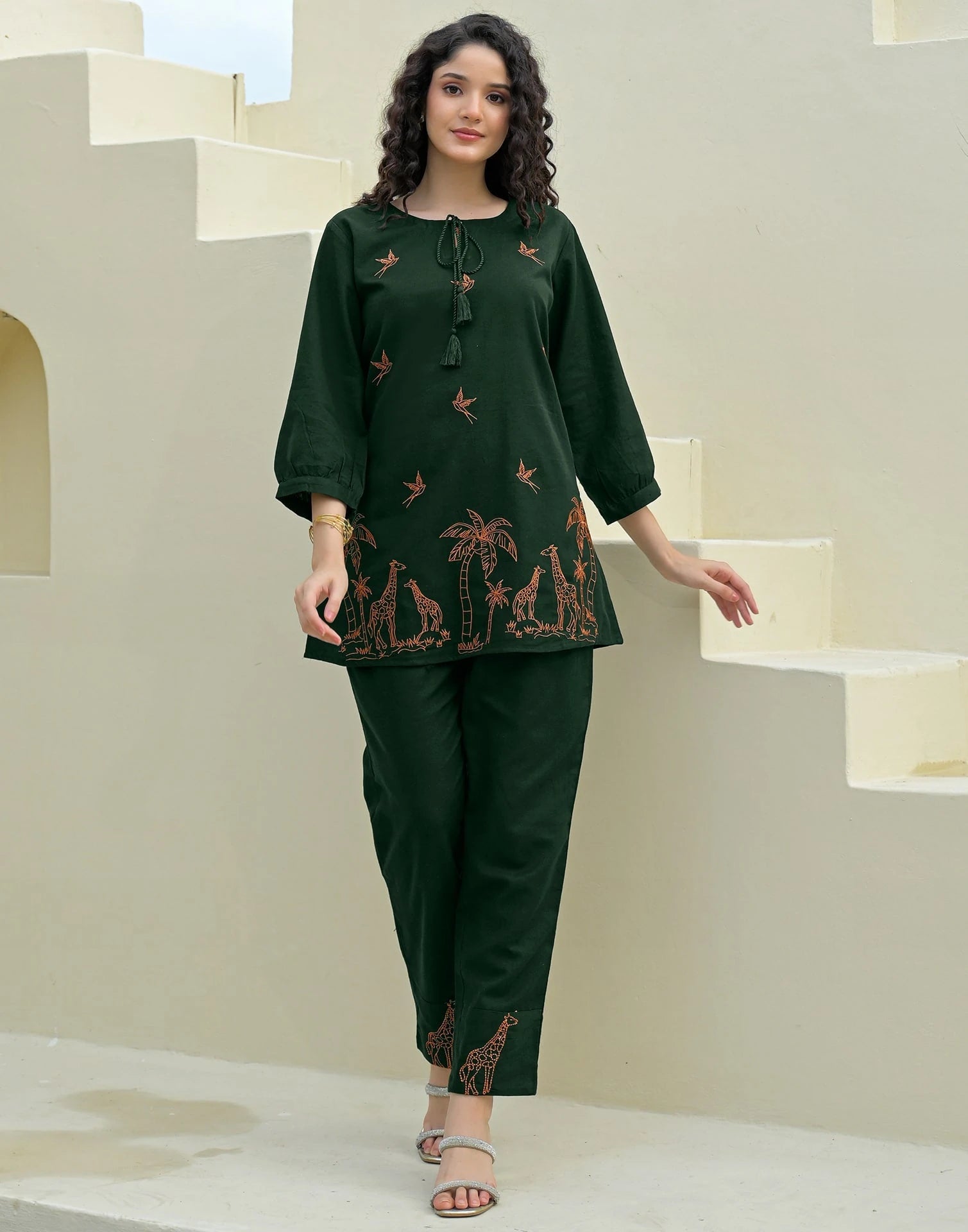 Skylee Cotton Printed Boat Neck Co-ord Set For Woman