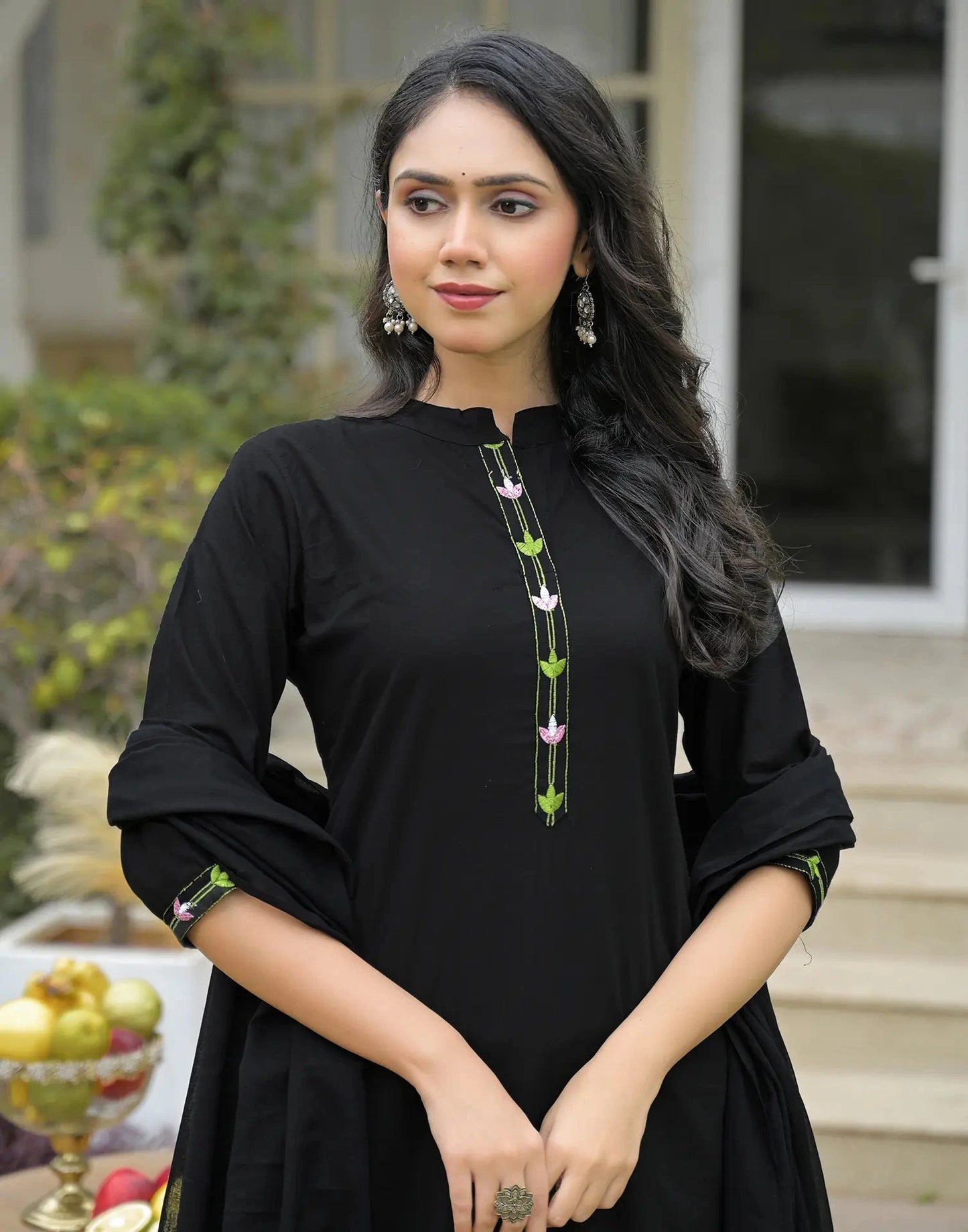 Cotton Embroidered Mandarin Collar Straight Kurta with Pant & Dupatta