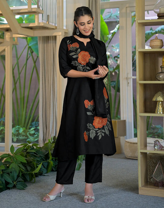 Pure Cotton Embroidered A-line 3 Piece Kurta Set
