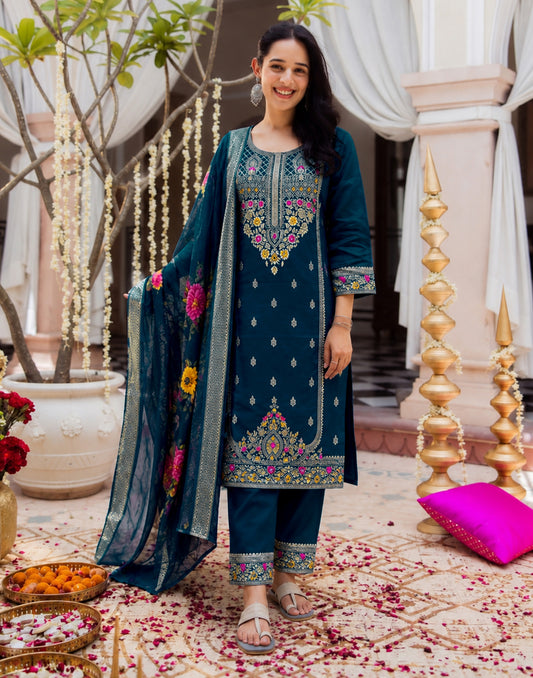 Silk Jacquard Woven Straight 3 Piece Kurta Set
