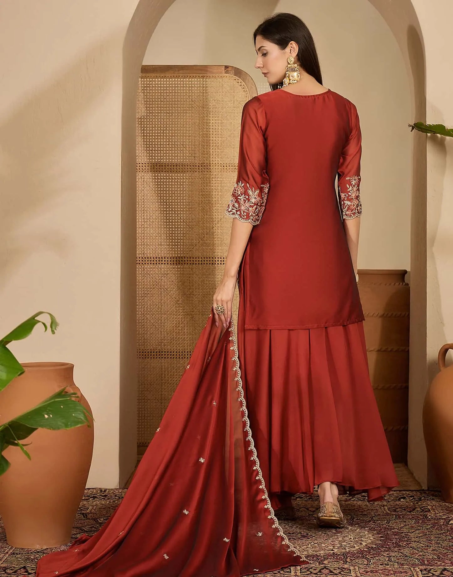 Silk Straight Embroidery Round Neck Kurta with Pant & Dupatta