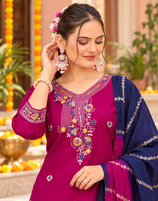 Rayon Embroidered Straight 3 Piece Kurta Set