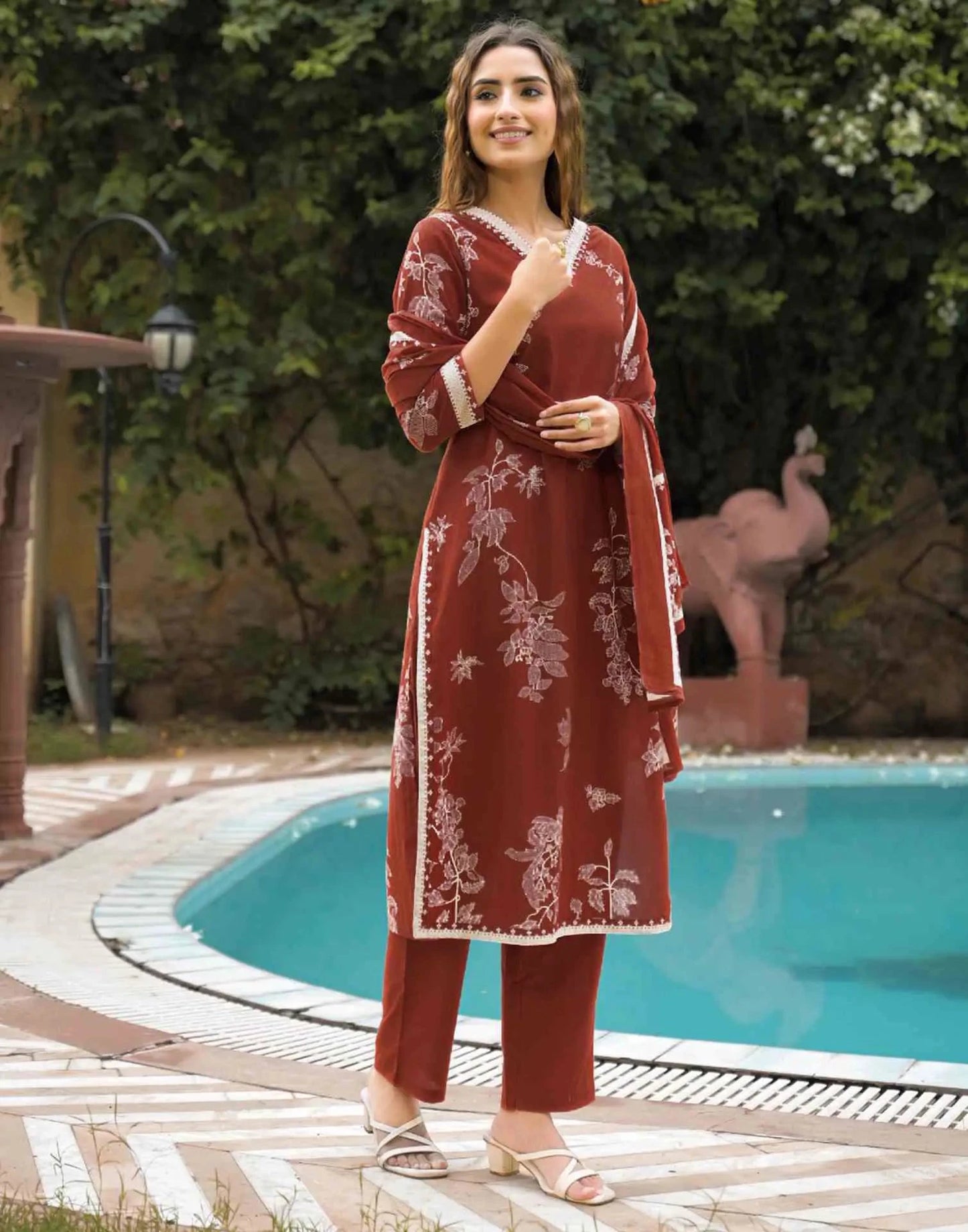 Cotton Printed Straight V-Neck Kurta with Pant & Dupatta