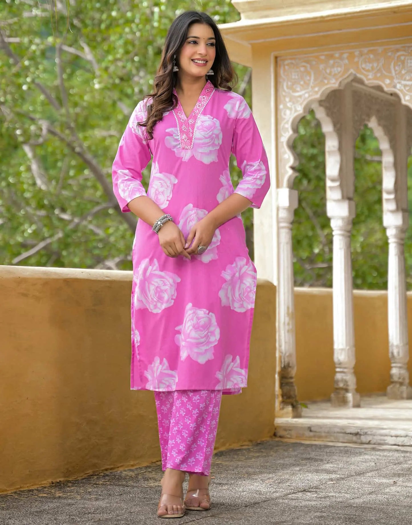 Cotton Straight Printed V-Neck Kurta with Pant & Dupatta