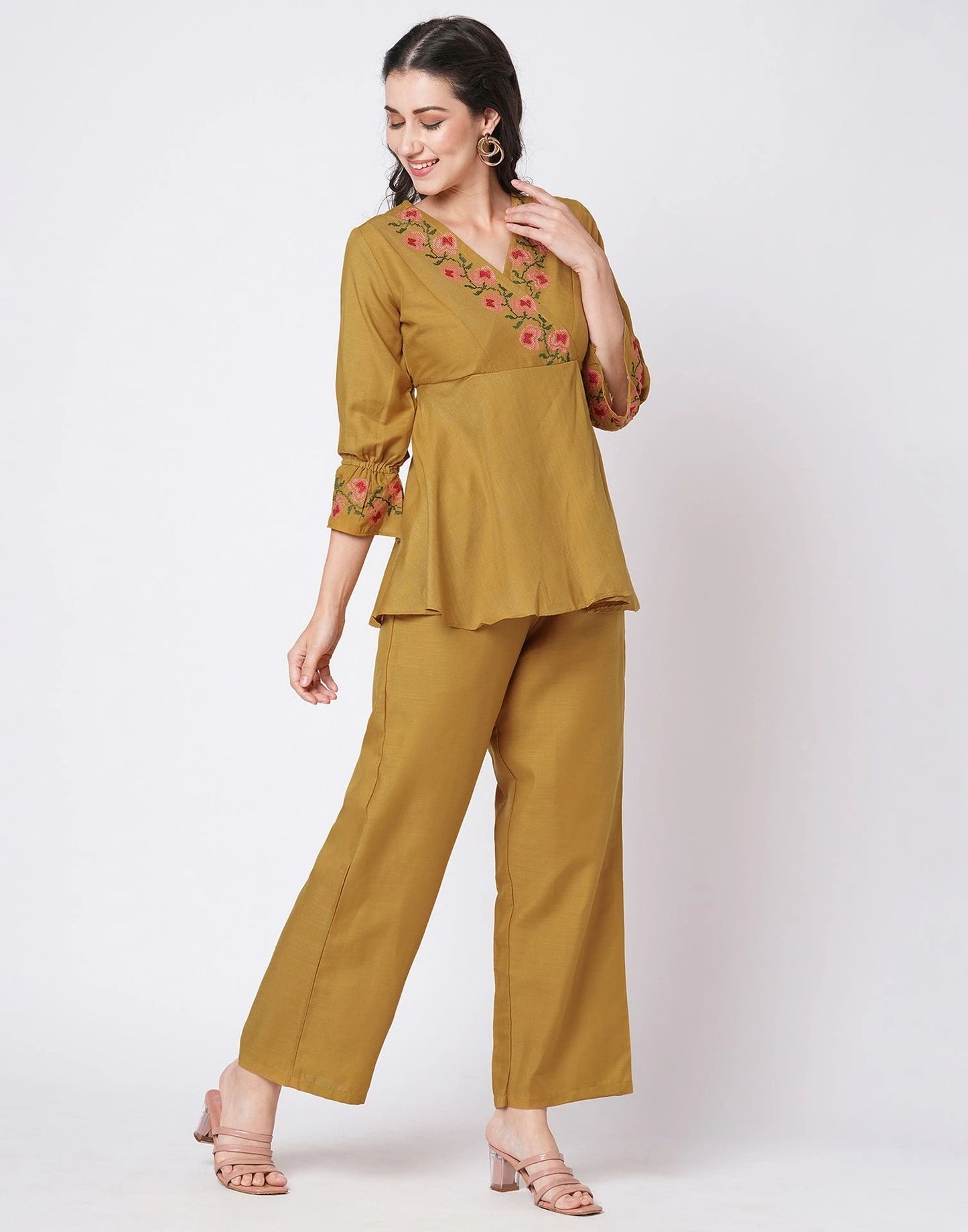 Cotton Blend Printed V-Neck Co-ord Set