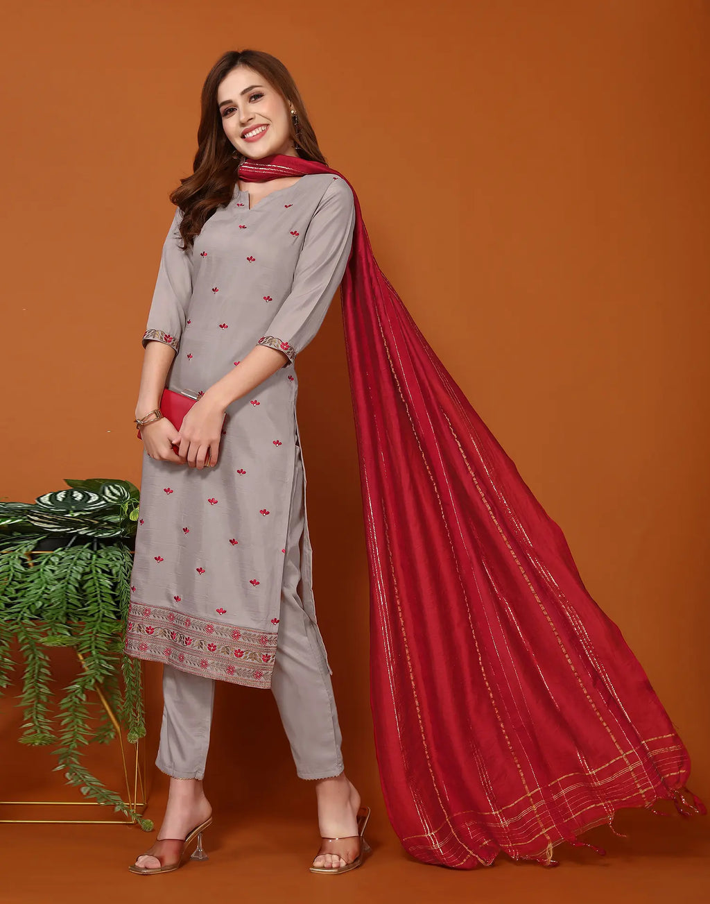 Poly Chinnon Embroidered Straight 3 Piece Kurta Set