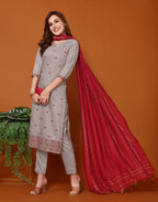 Poly Chinnon Embroidered Straight 3 Piece Kurta Set