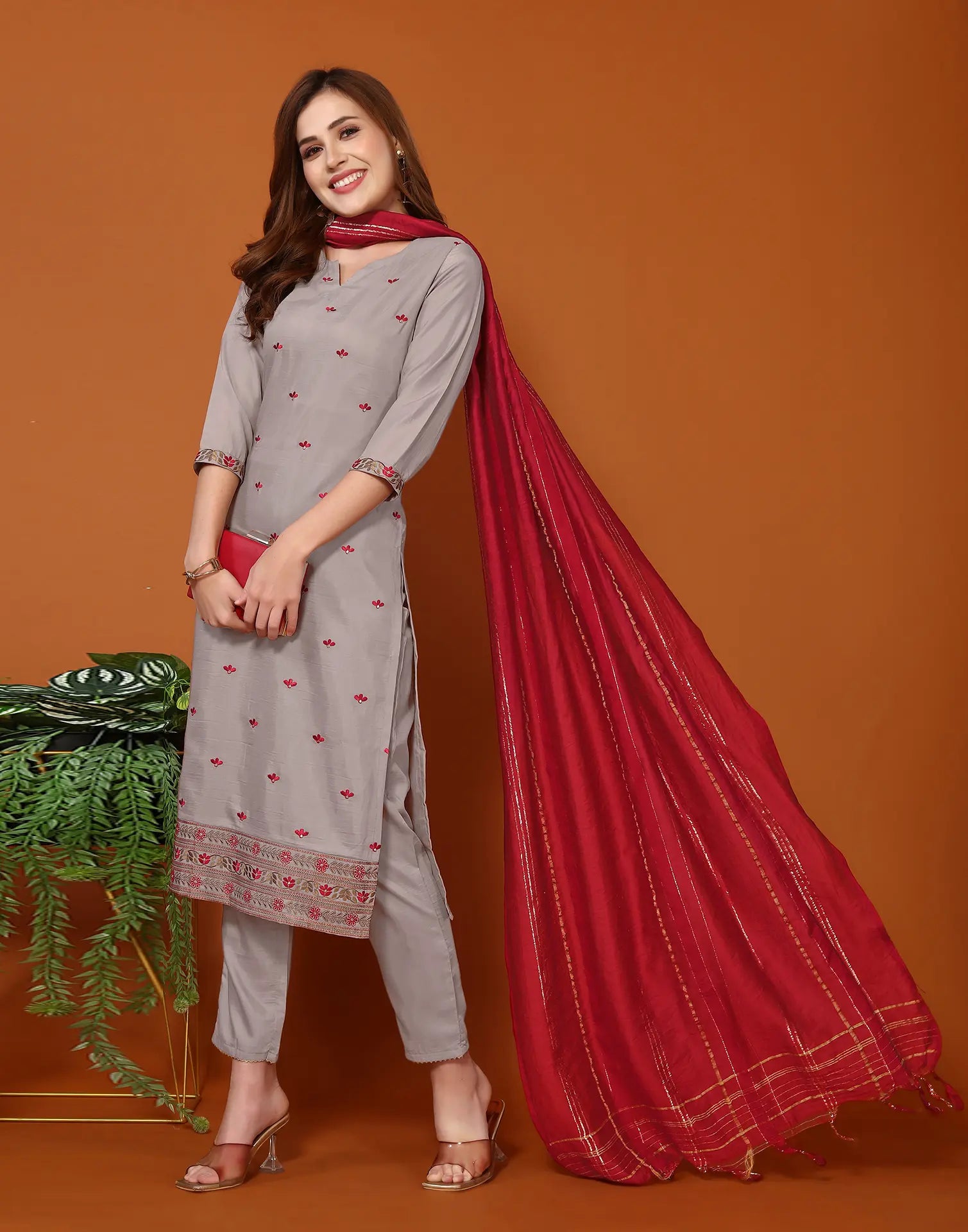 Poly Chinnon Embroidered Straight 3 Piece Kurta Set