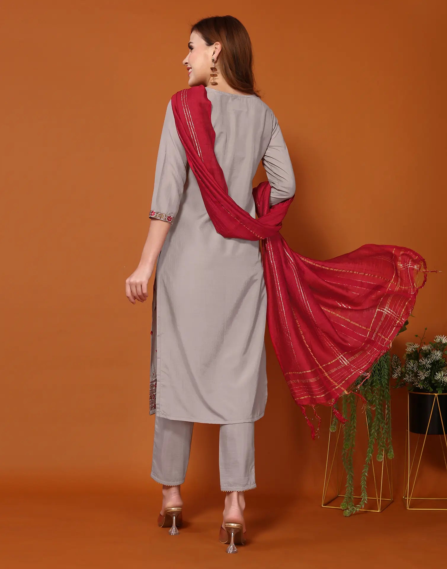 Poly Chinnon Embroidered Straight 3 Piece Kurta Set