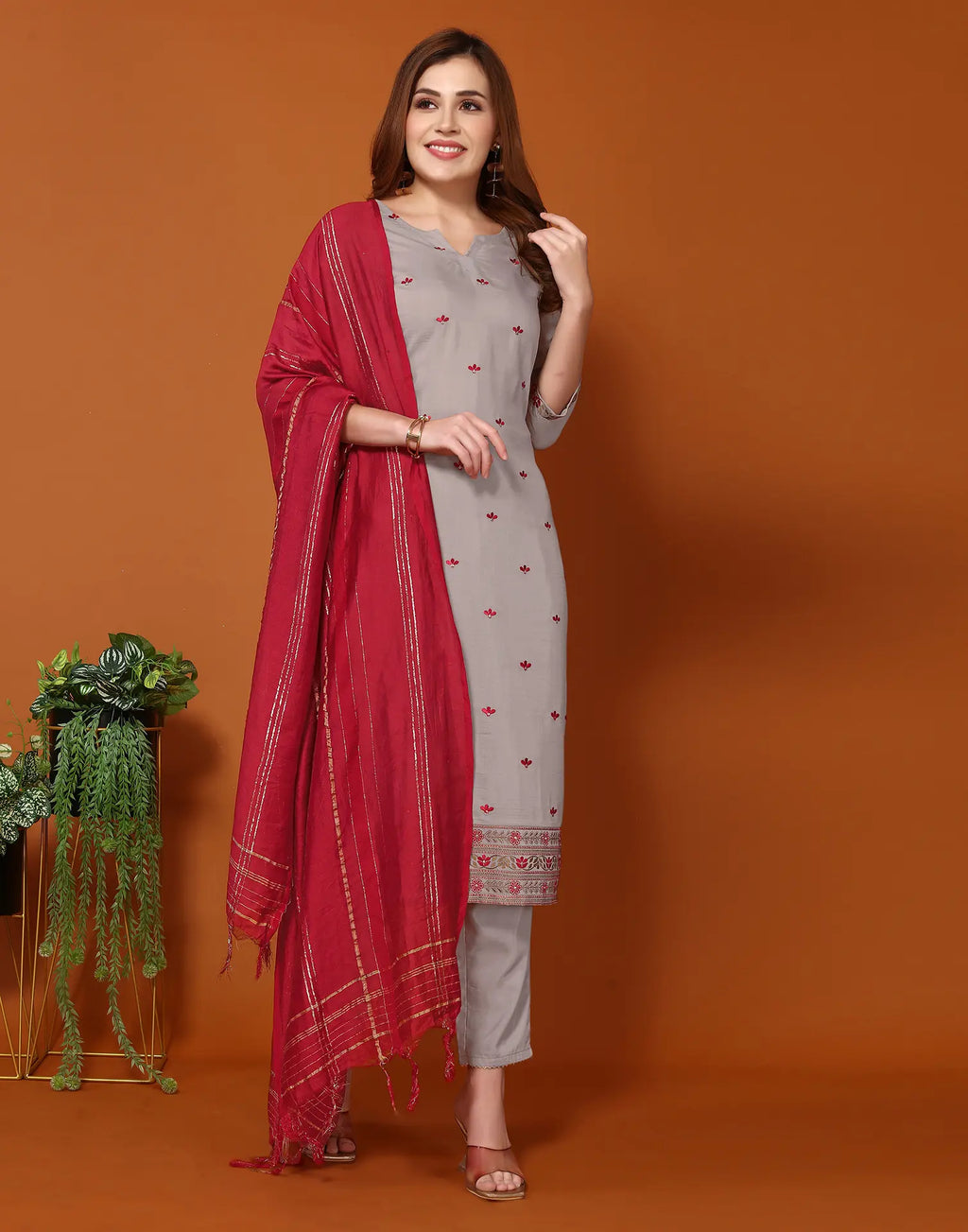 Poly Chinnon Embroidered Straight 3 Piece Kurta Set