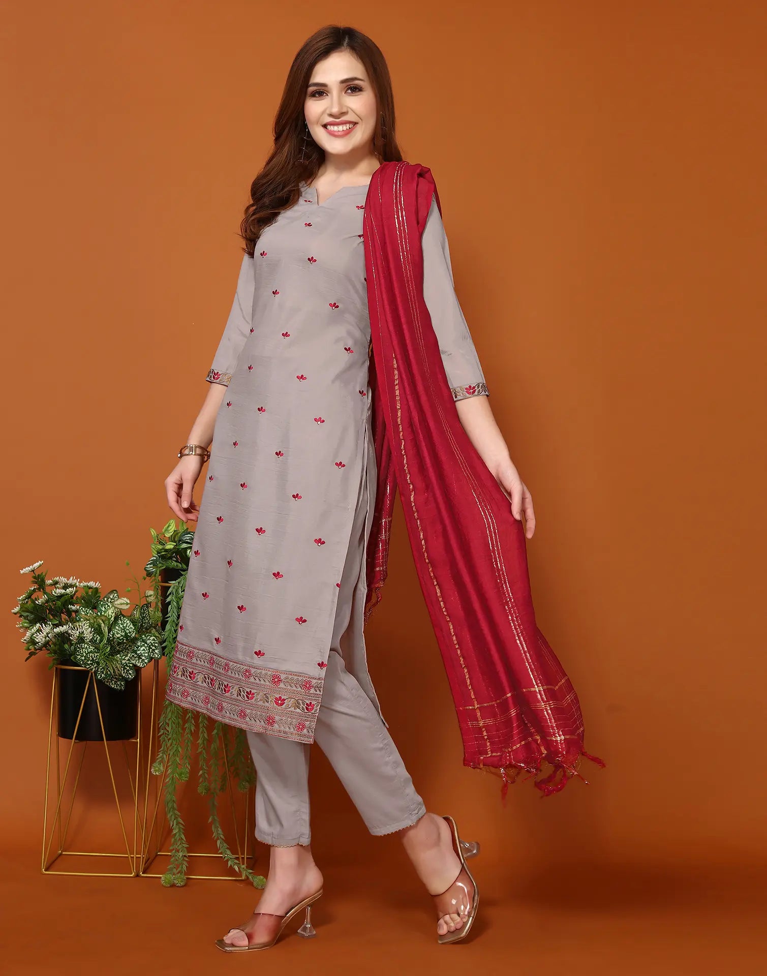 Poly Chinnon Embroidered Straight 3 Piece Kurta Set