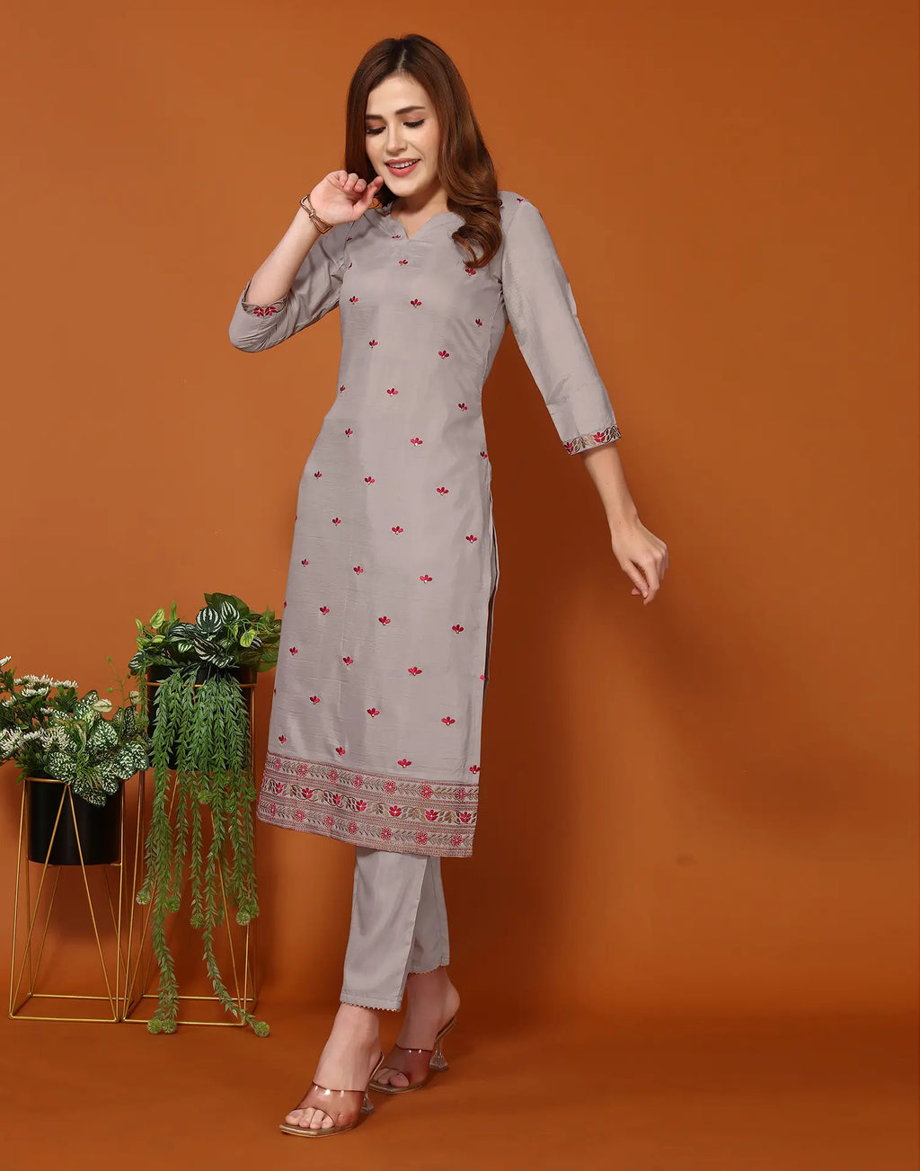 Poly Chinnon Embroidered Straight 3 Piece Kurta Set