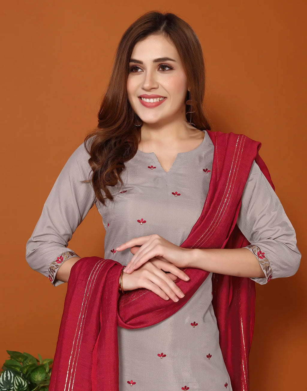 Poly Chinnon Embroidered Straight 3 Piece Kurta Set
