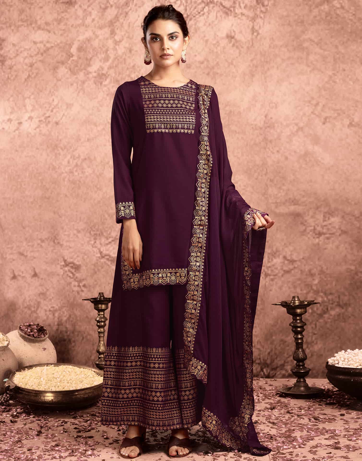 Purple Cotton Printed Straight Kurta with Pant & Dupatta  Festive Wear under 1000