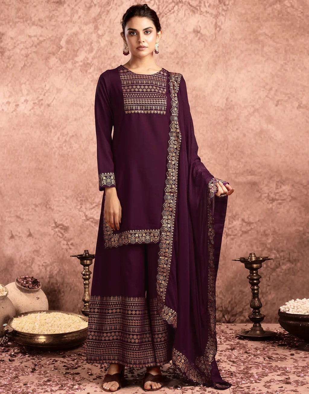 Poly Rayon Foil Print Straight 3 Piece Kurta Set