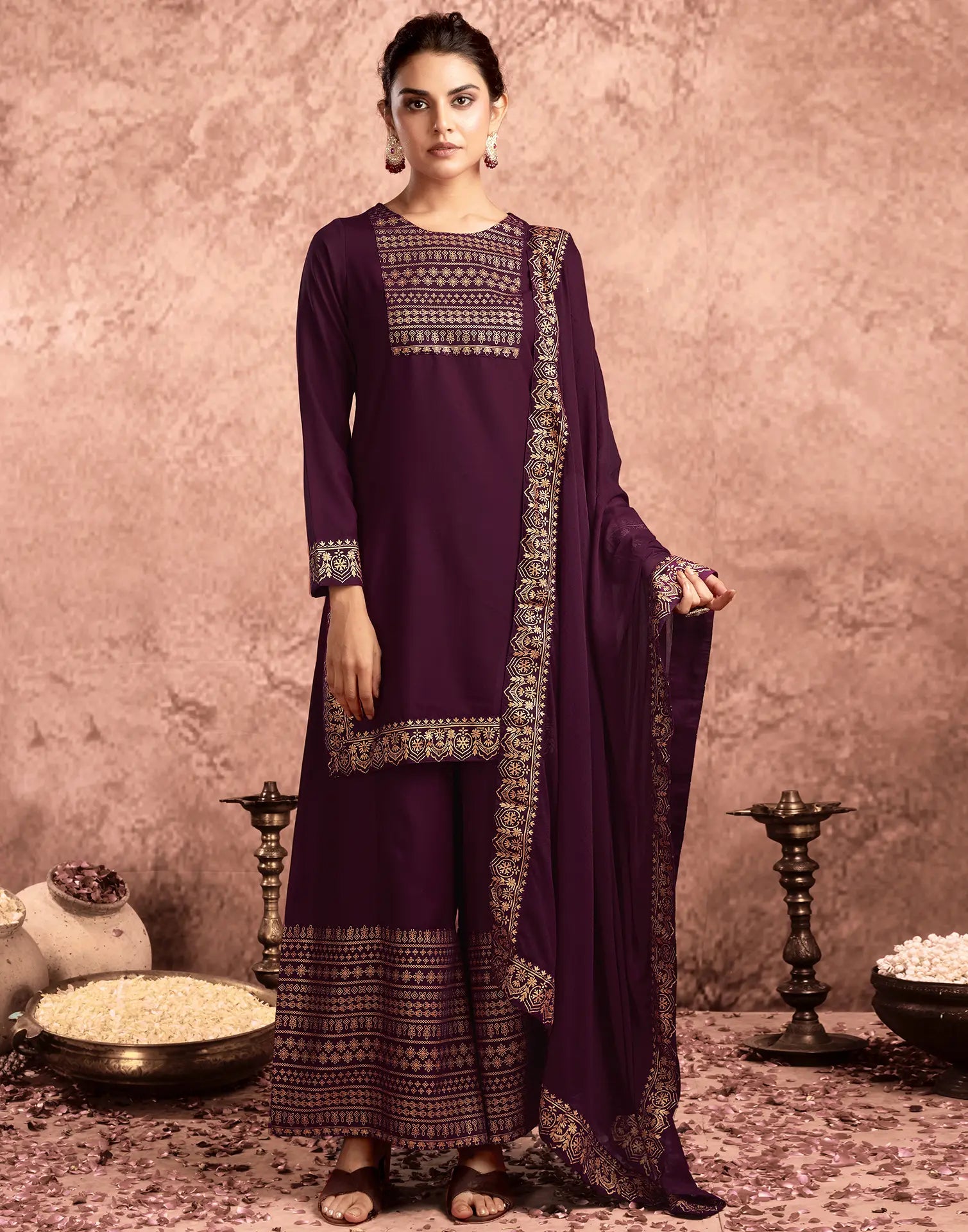Poly Rayon Foil Print Straight 3 Piece Kurta Set