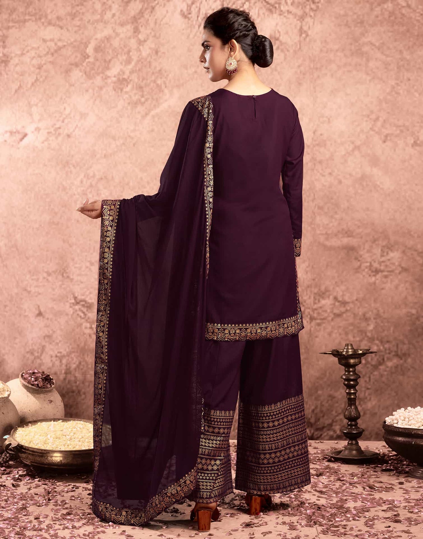 Purple Cotton Printed Straight Kurta with Pant & Dupatta  Festive Wear under 1000