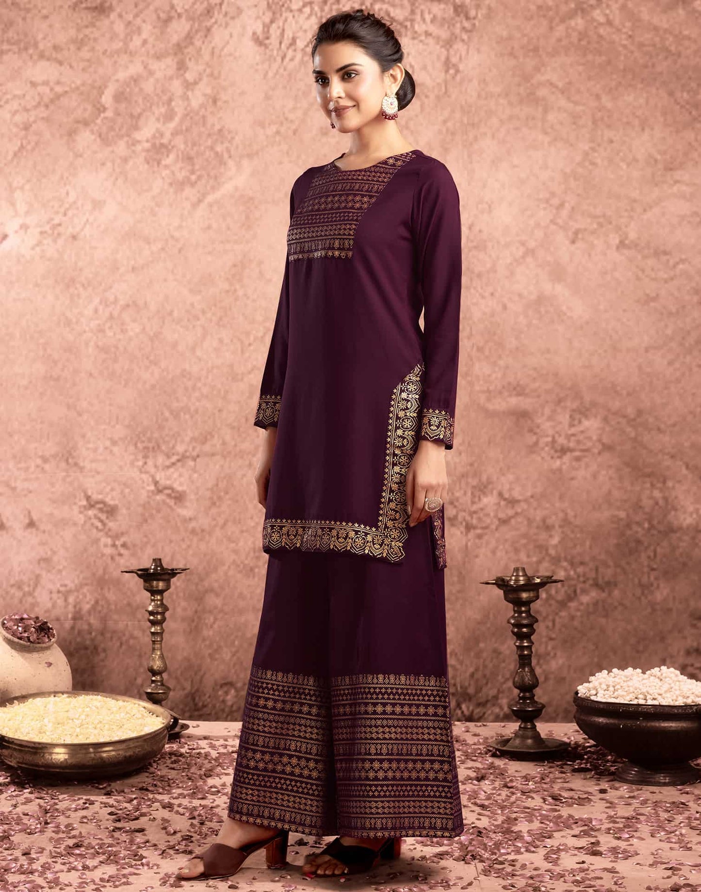 Purple Cotton Printed Straight Kurta with Pant & Dupatta  Festive Wear under 1000