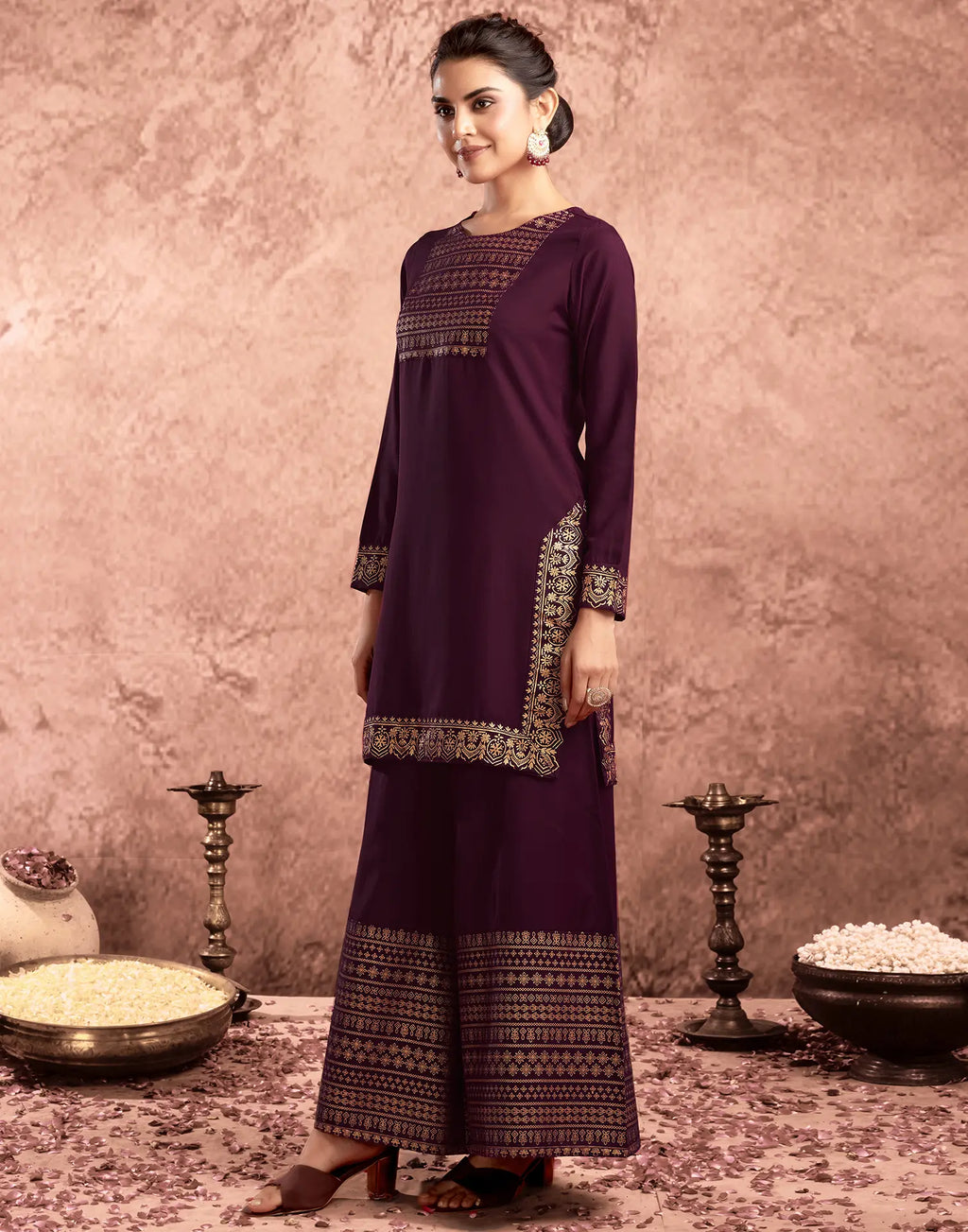 Poly Rayon Foil Print Straight 3 Piece Kurta Set