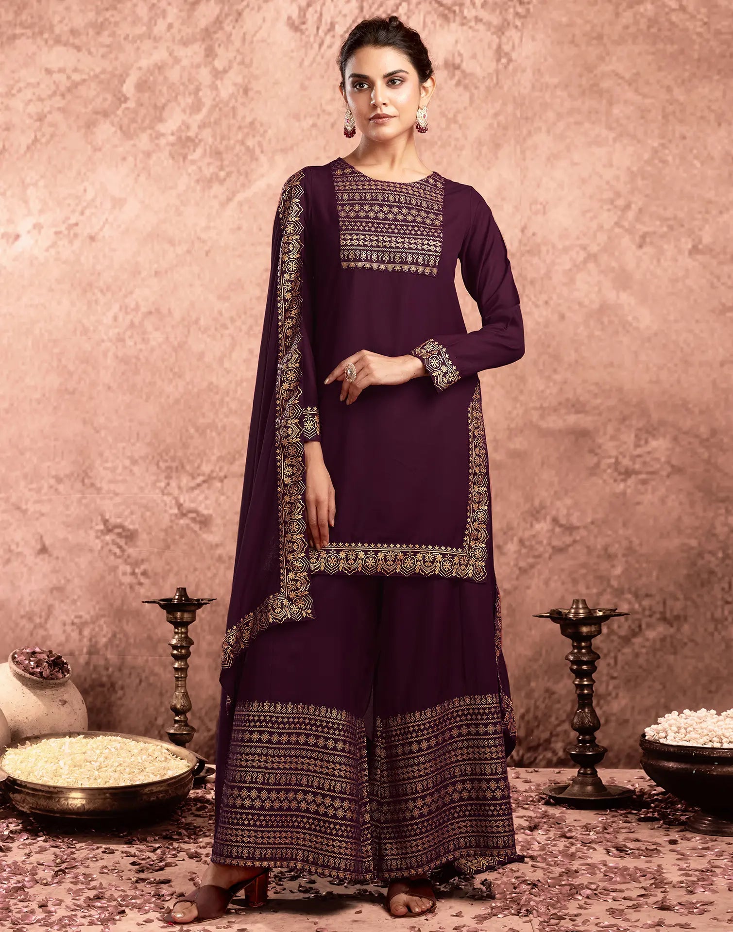 Poly Rayon Foil Print Straight 3 Piece Kurta Set