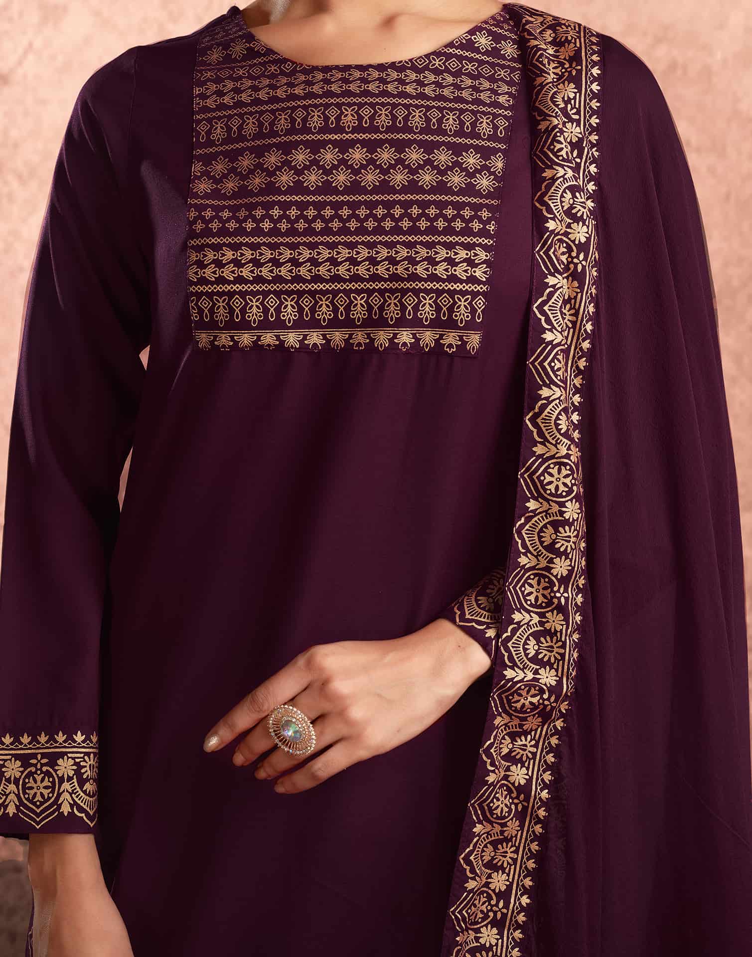 Purple Cotton Printed Straight Kurta with Pant & Dupatta  Festive Wear under 1000