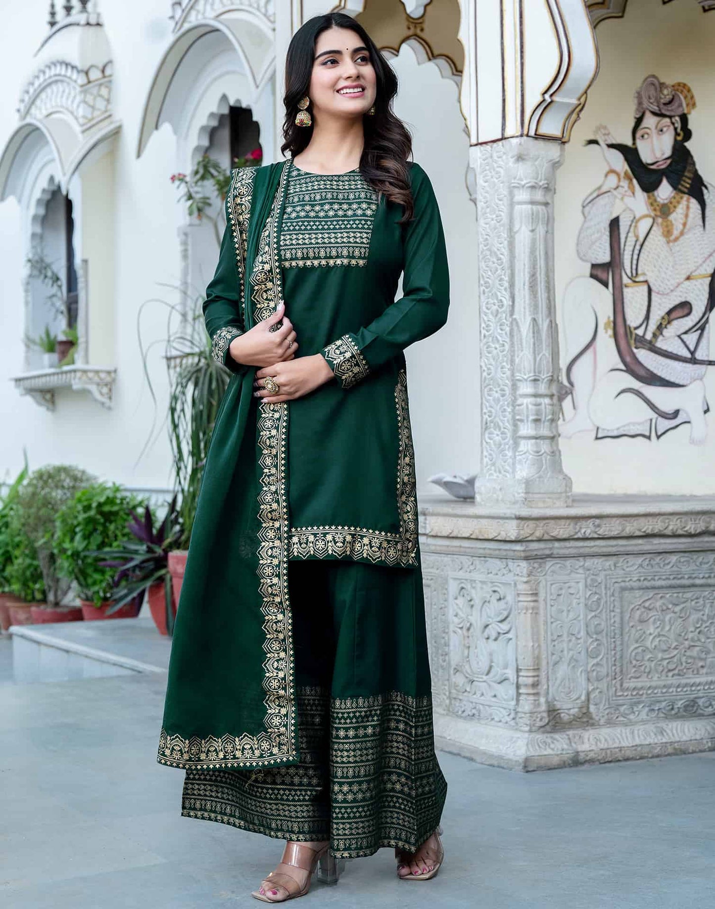 Dark Green Cotton Printed Straight Kurta with Pant & Dupatta Festive Wear for Women