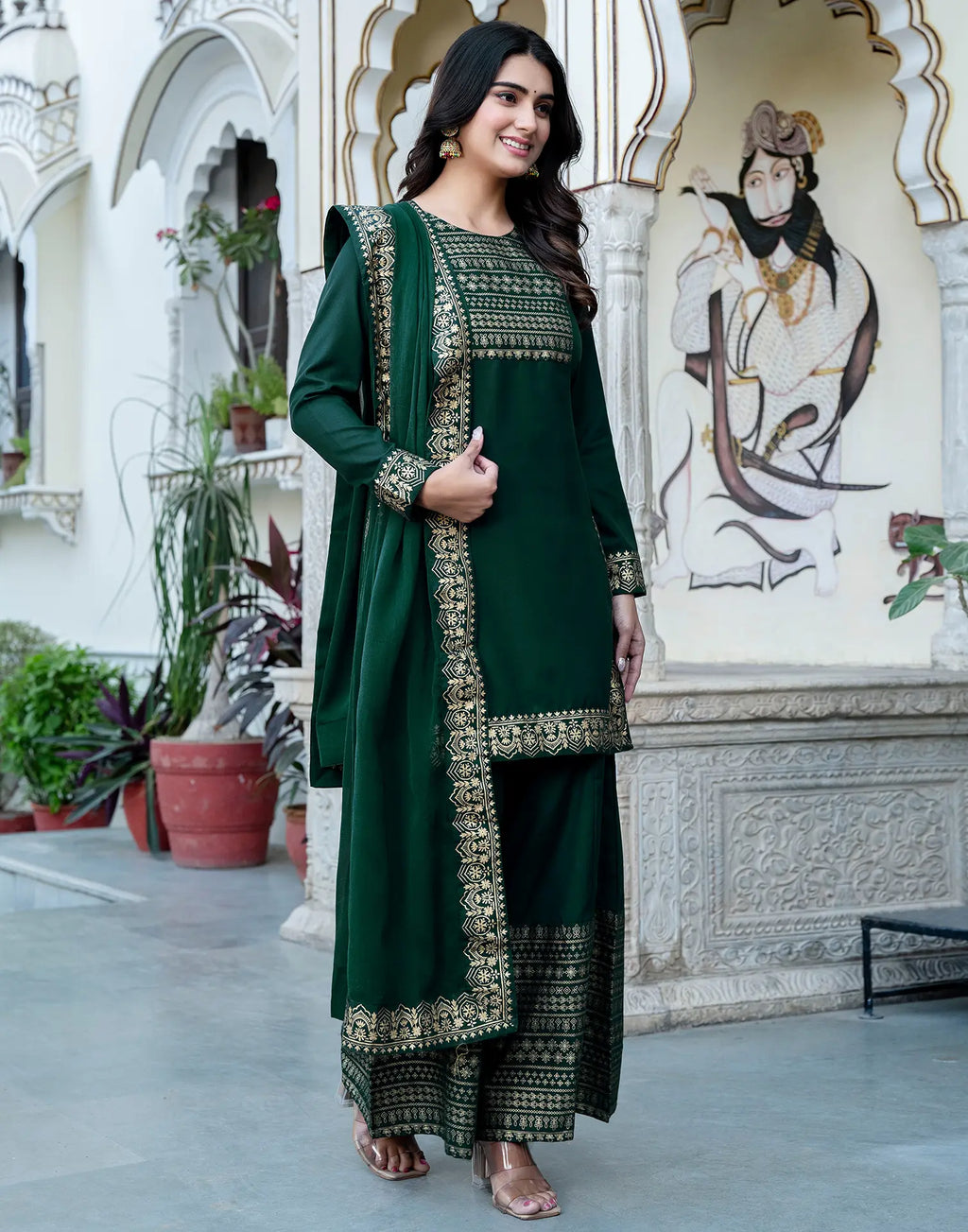 Poly Rayon Foil Print Straight 3 Piece Kurta Set