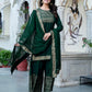 Dark Green Cotton Printed Straight Kurta with Pant & Dupatta Festive Wear for Women