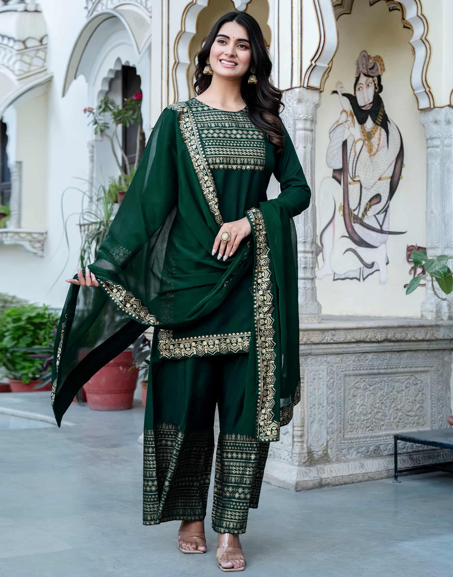 Dark Green Cotton Printed Straight Kurta with Pant & Dupatta Festive Wear for Women