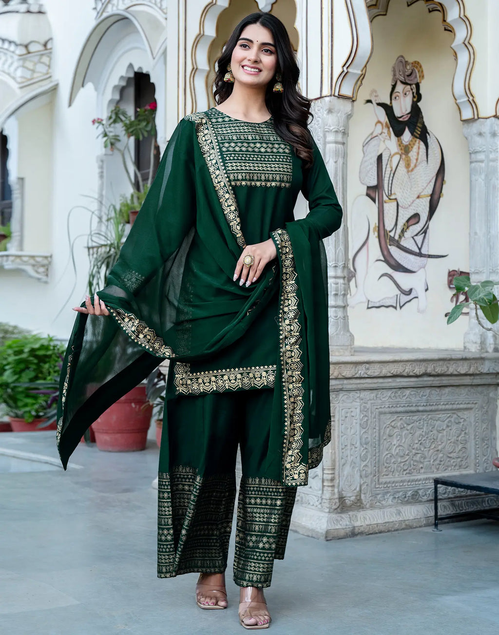 Poly Rayon Foil Print Straight 3 Piece Kurta Set