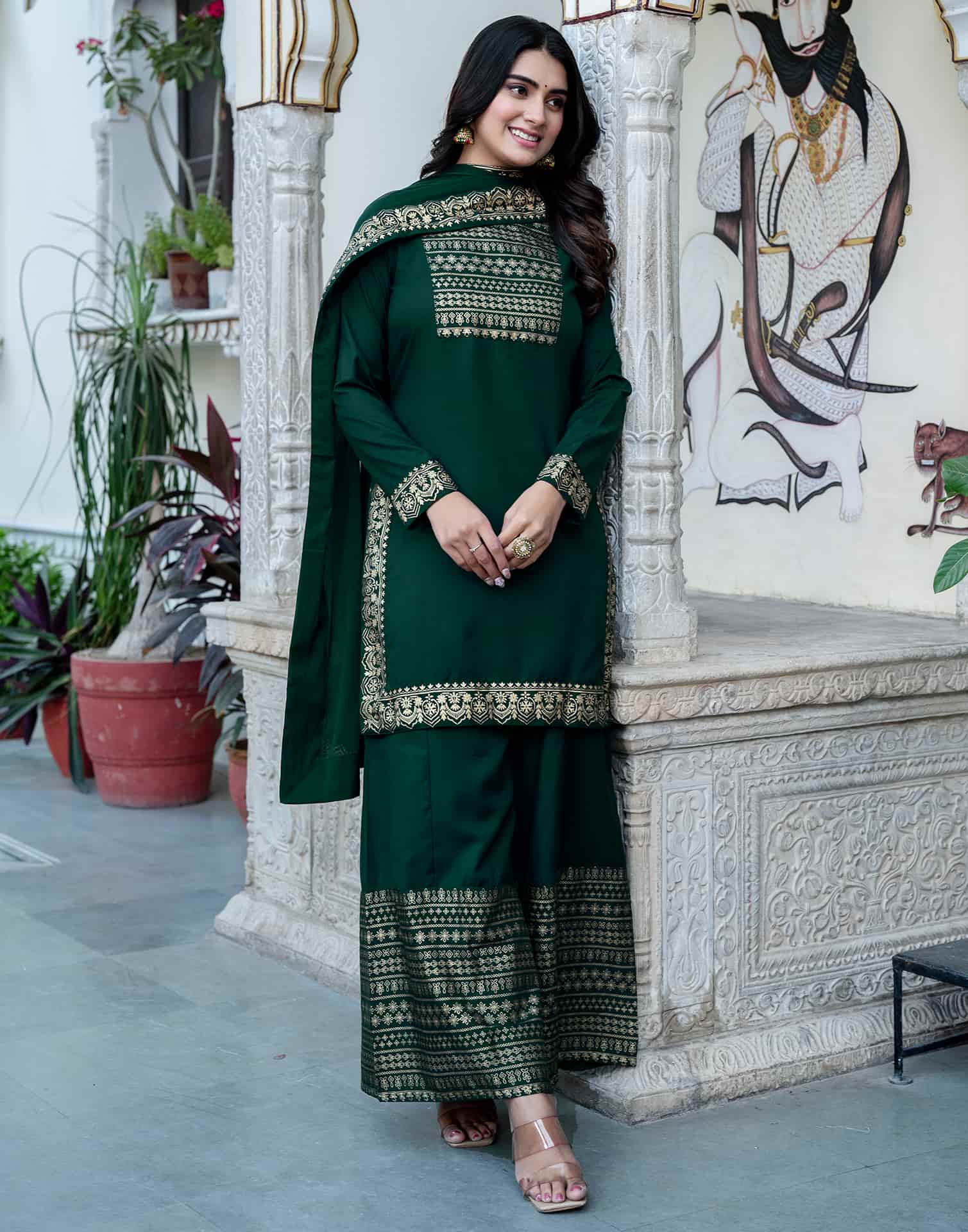 Dark Green Cotton Printed Straight Kurta with Pant & Dupatta Festive Wear for Women