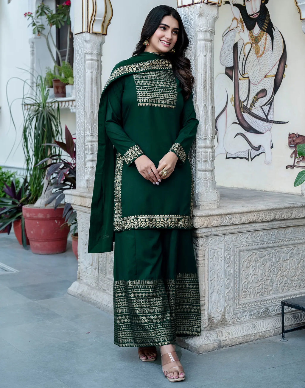 Poly Rayon Foil Print Straight 3 Piece Kurta Set
