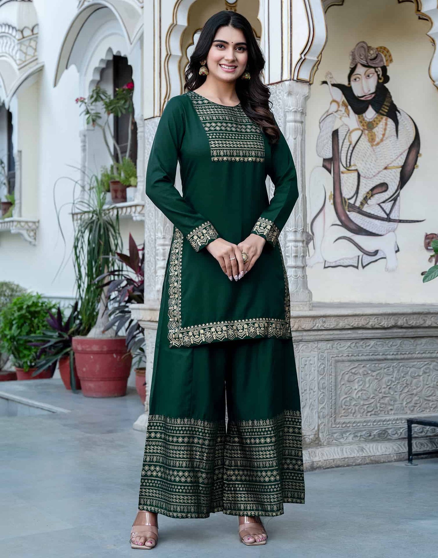 Dark Green Cotton Printed Straight Kurta with Pant & Dupatta Festive Wear for Women