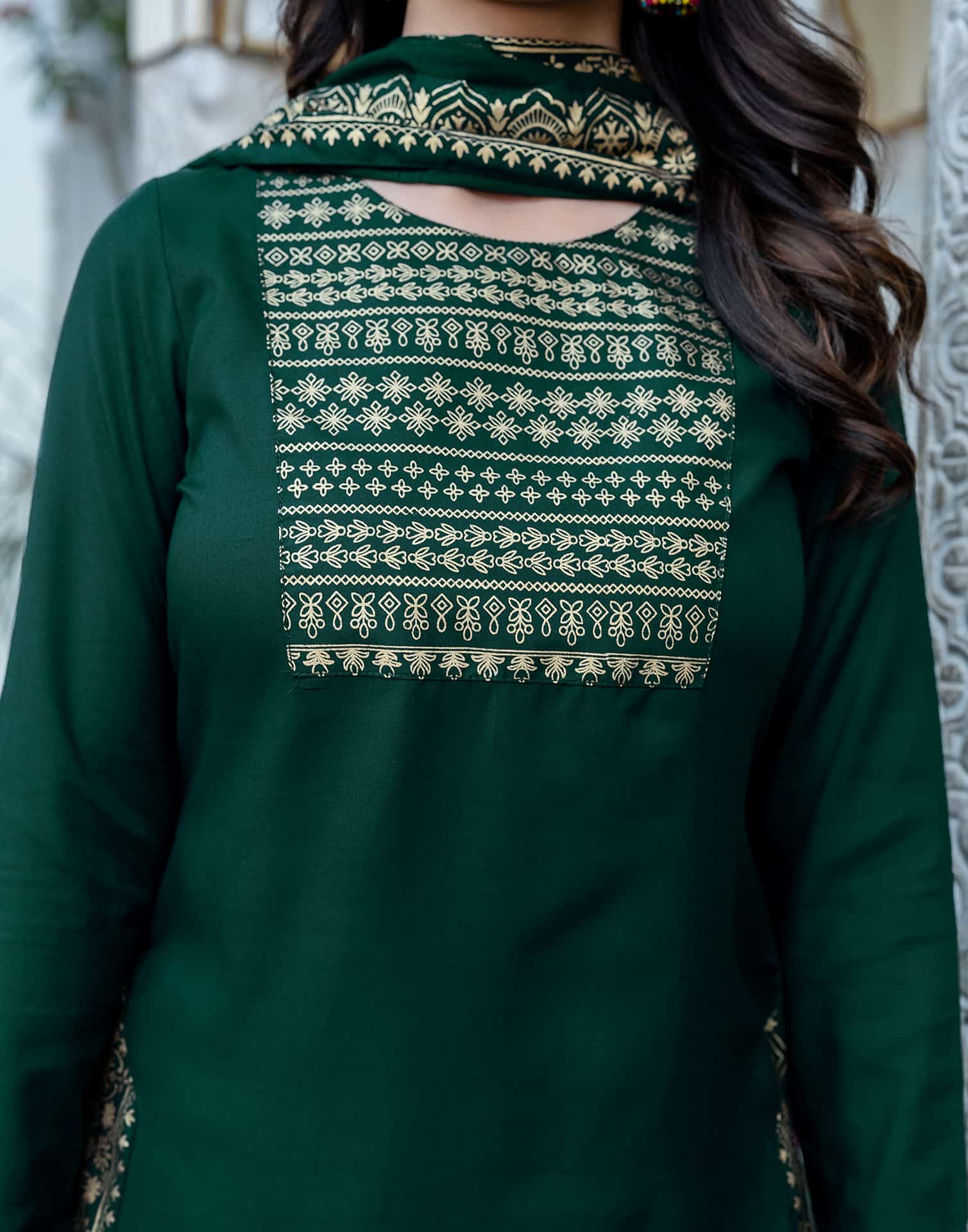 Dark Green Cotton Printed Straight Kurta with Pant & Dupatta Festive Wear for Women