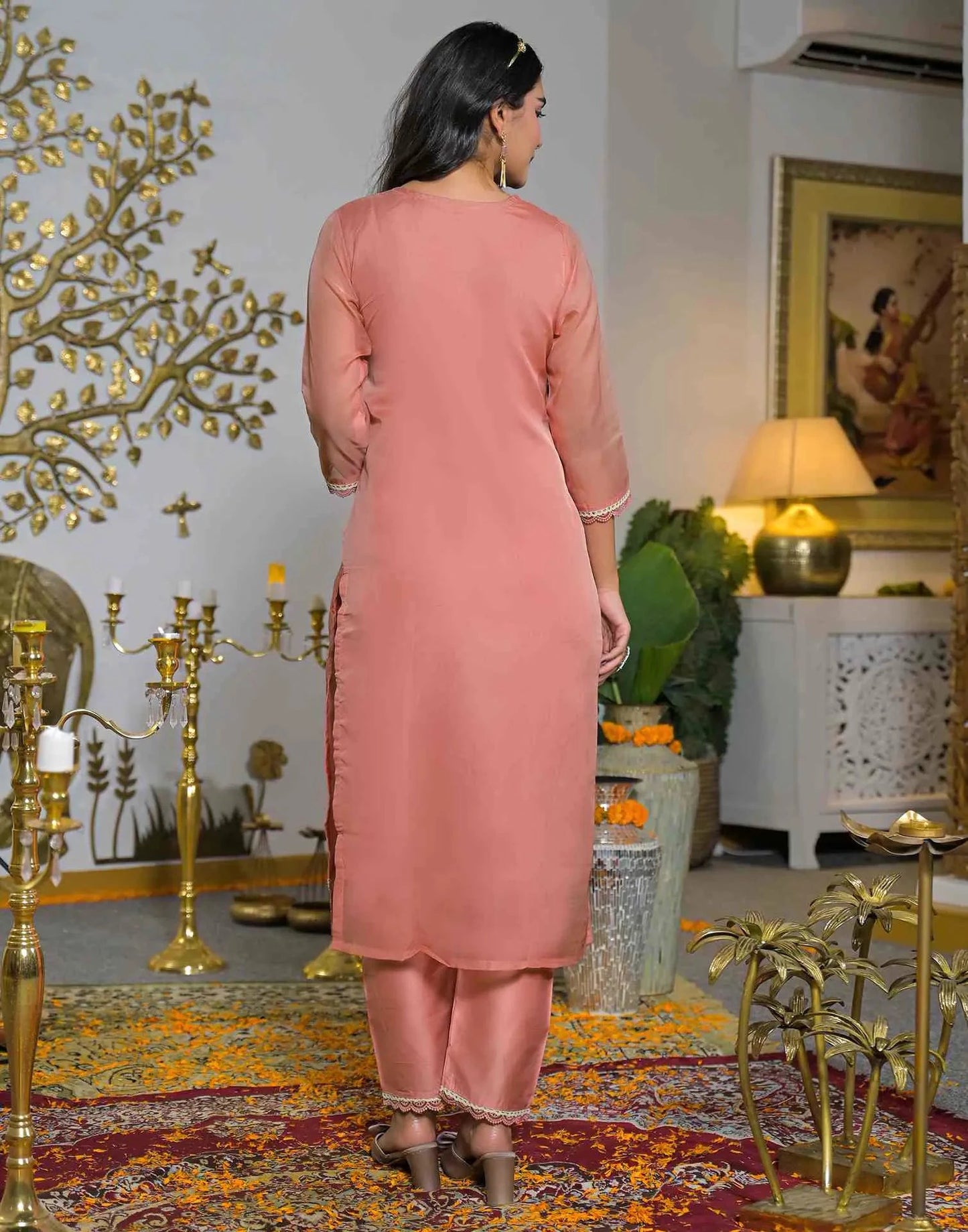 Organza Embroidered Straight V-Neck Kurta with Pant & Dupatta