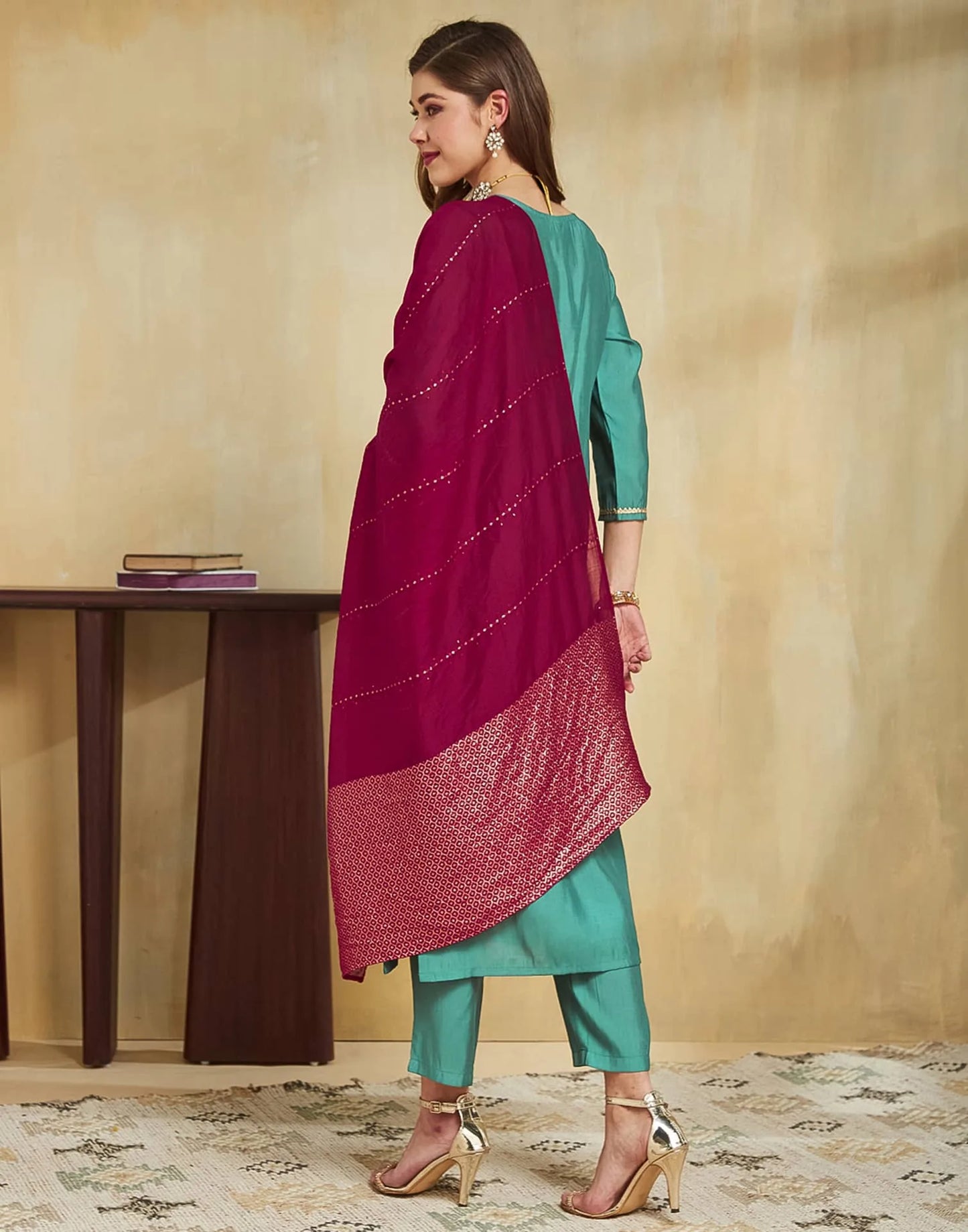 Silk Blend Embroidery Work and Gota Lace Straight Kurta with Pant & Dupatta