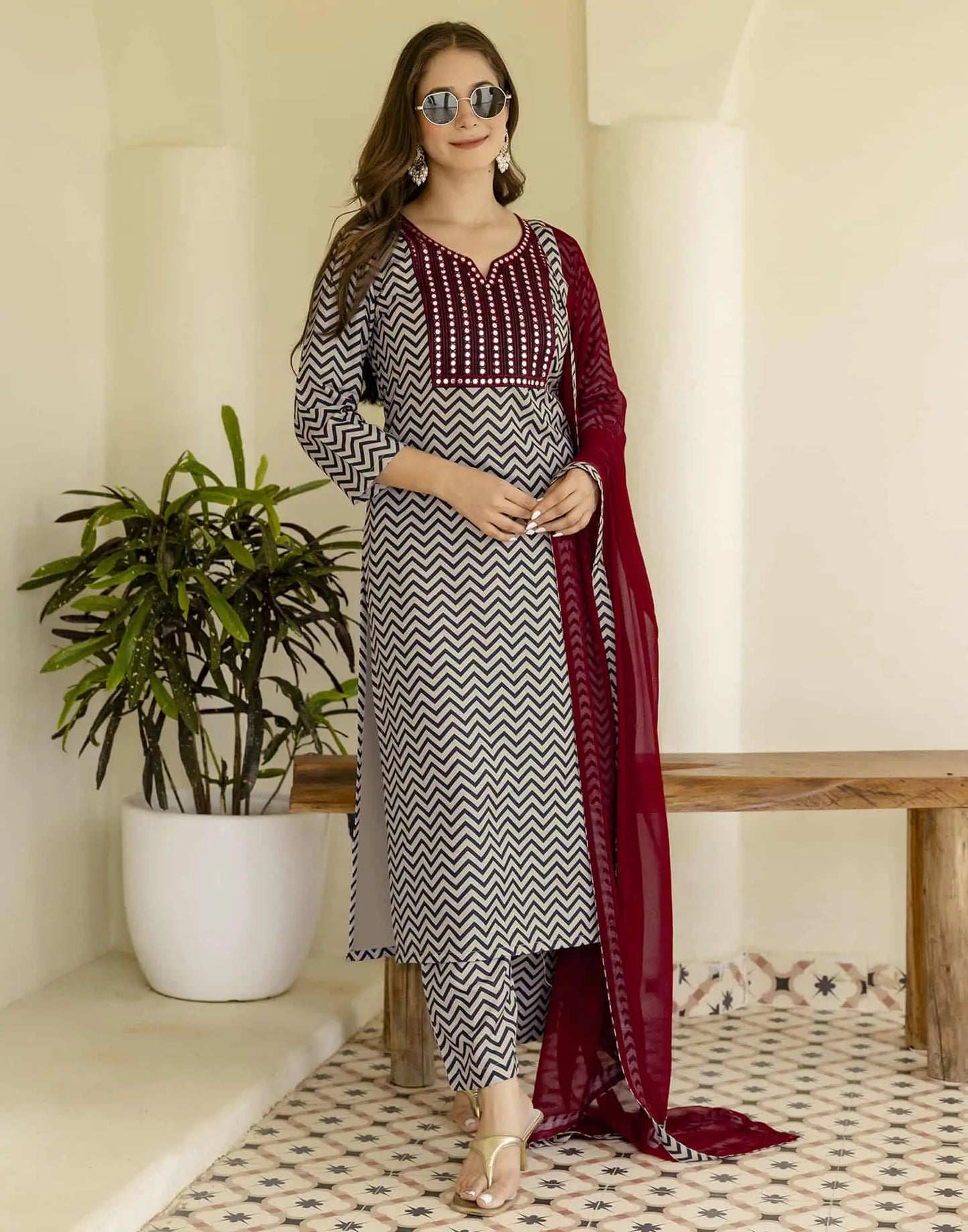 v neck kurta set with dupatta