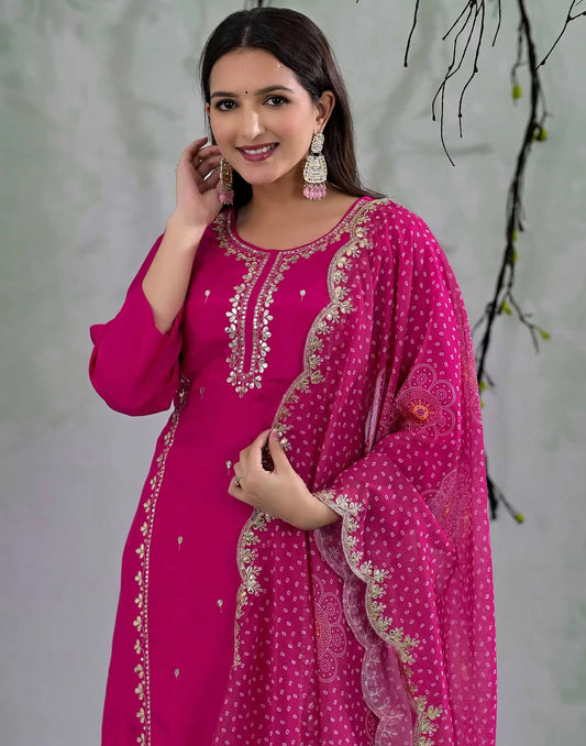 Skylee Pink Silk Embroidered Straight Kurta Set for Women