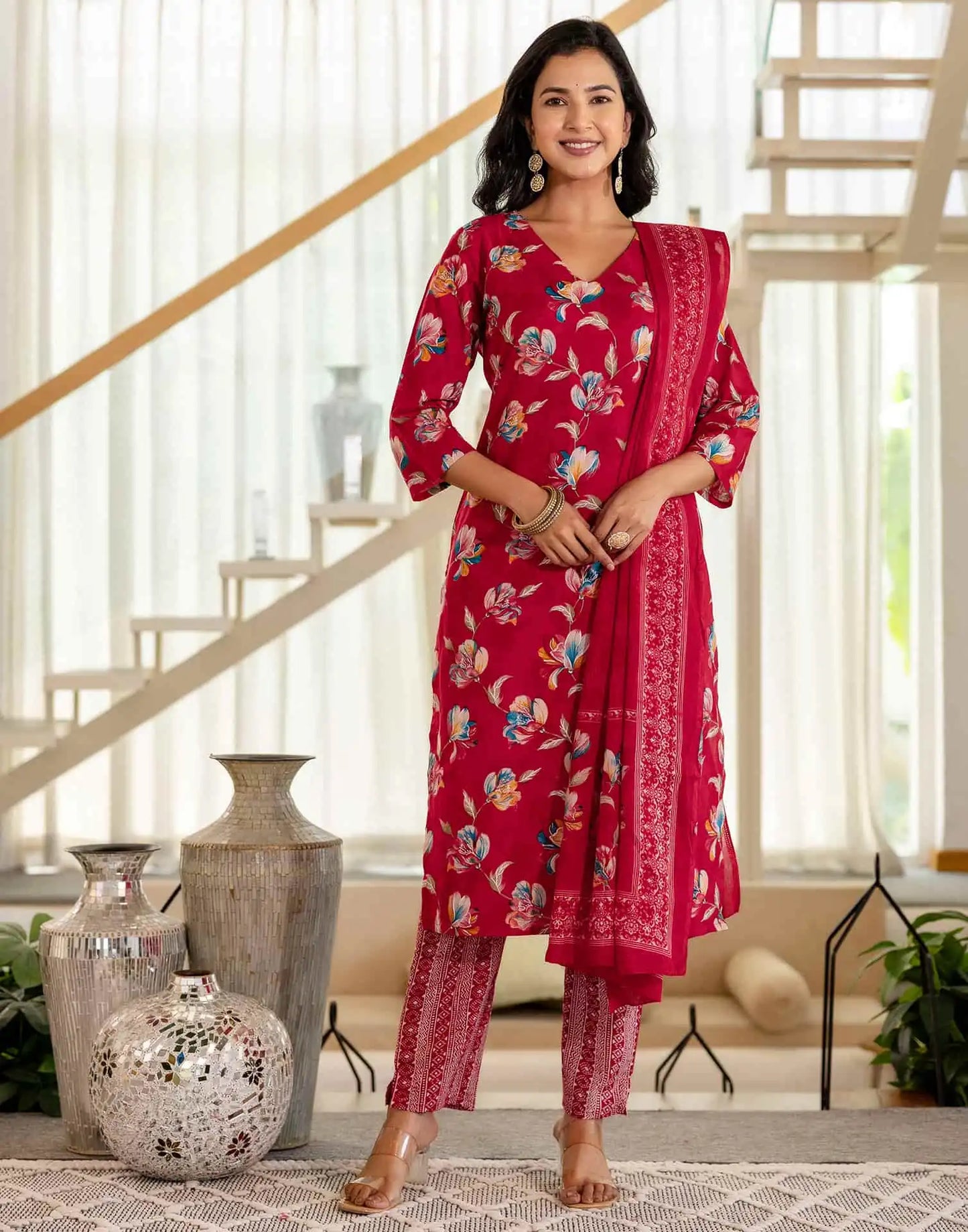 Red Cotton Printed Straight Kurta Set with Pant & Dupatta for Wome Casual & Daily Wear Floral Design Under 799