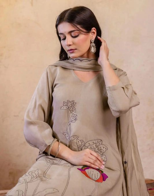 Silk Embroidered Straight V-Neck Kurta with Pant & Dupatta
